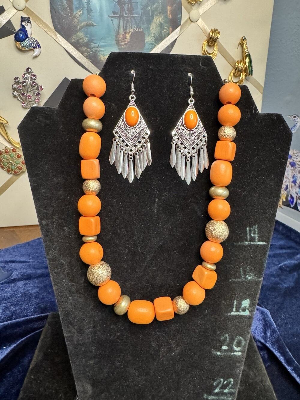 Boho Orange Statement Necklace & Dangle Earrings Set Silver Tone Southwestern